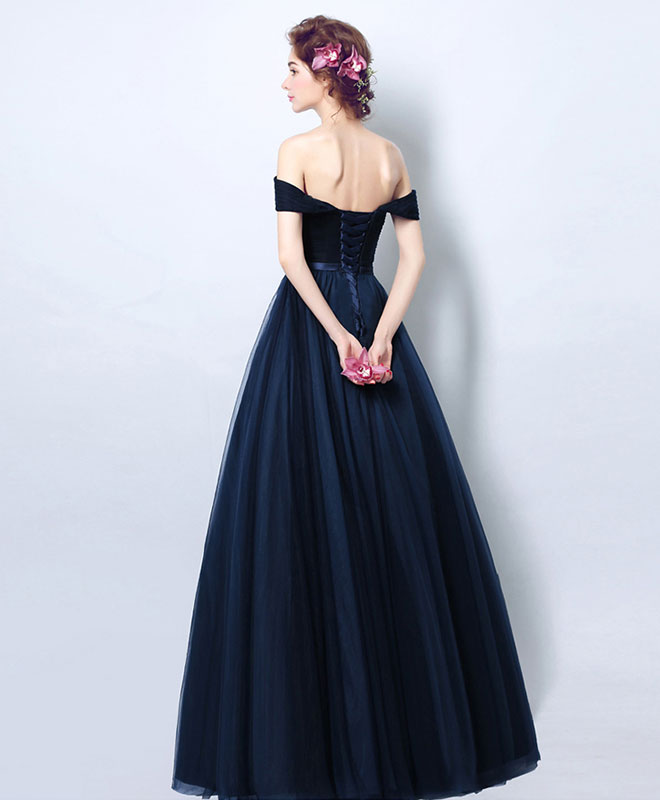 Dark Blue Tulle Long Prom Dress, Blue Tulle Bridesmaid Dress