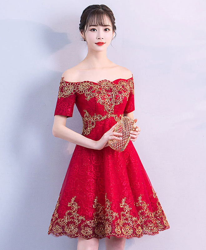 Burgundy Off Shoulder Tulle Lace Short Prom Dress, Burgundy Evening Dress