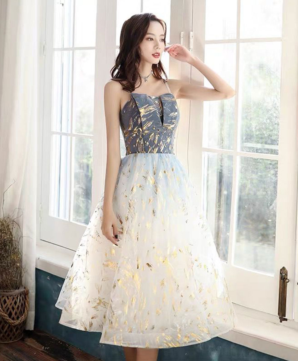 Blue/Champagne Tulle Lace Short Prom Dress, Blue/Champagne Tulle Homecoming Dress