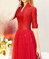 Red V Neck Satin Long Prom Dress, Red Tulle Formal Dress
