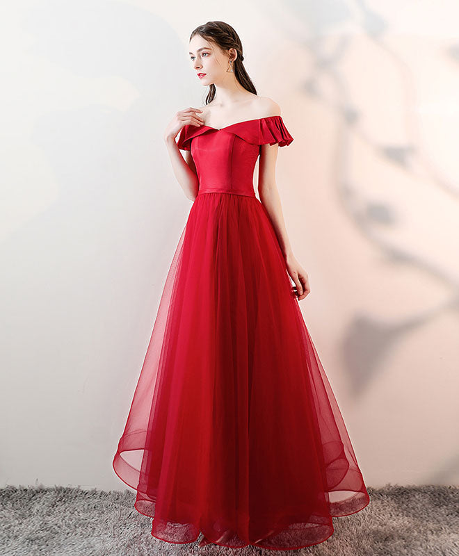 Simple Burgundy Tulle Long Prom Dress, Burgundy Tulle Evening Dress