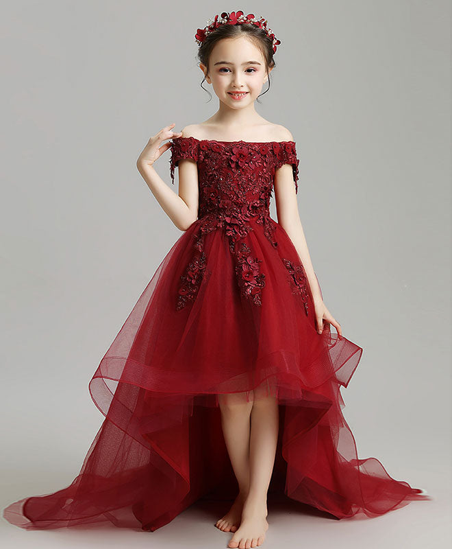 Burgundy High Low Tulle Lace Flower Girl Dress, Party Girl Dress