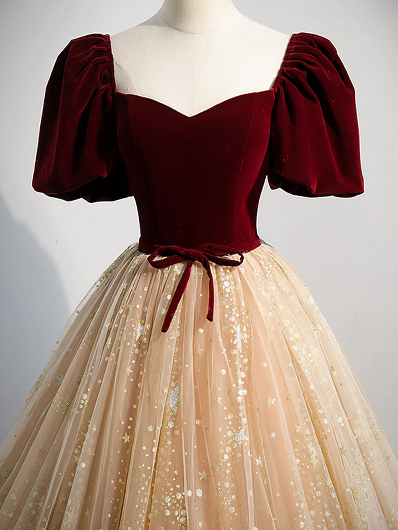 Burgundy Tulle Long Prom Dress, Burgundy Tulle Formal Dresses