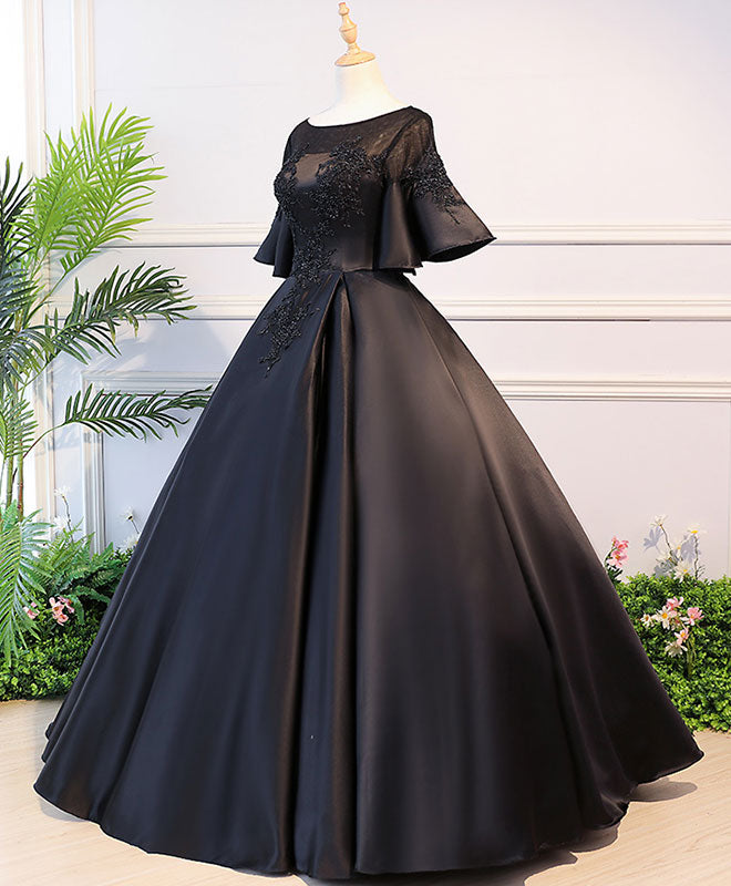 Black Round Neck Satin Lace Long Prom Dress, Sweet 16 Dress