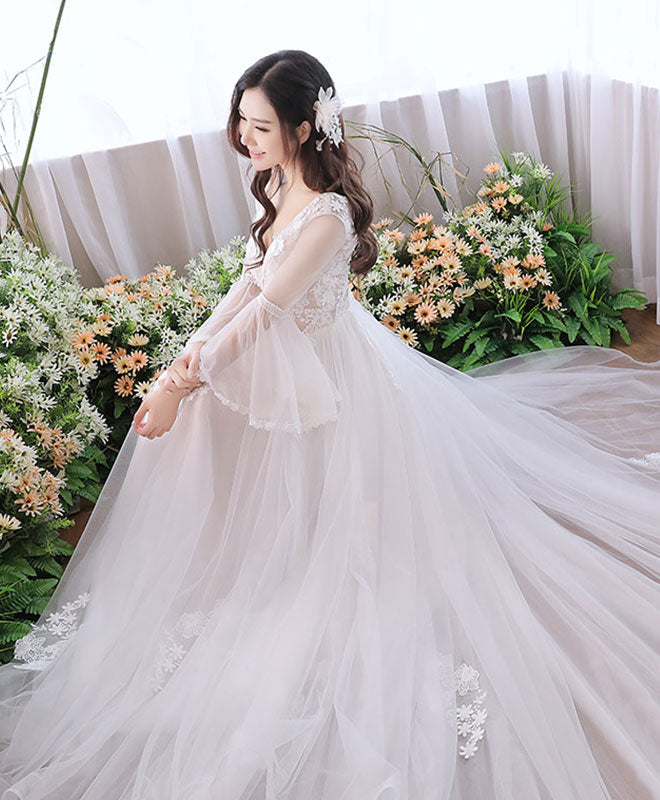 White V Neck Tulle Lace Long Prom Dress, White Evening Dress