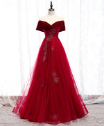 Burgundy Tulle Off Shoulder Long Prom Dress Burgundy Formal Dress