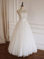 Simple  Lace Tea Length White Prom Dress, Tulle Lace Bridesmaid Dress