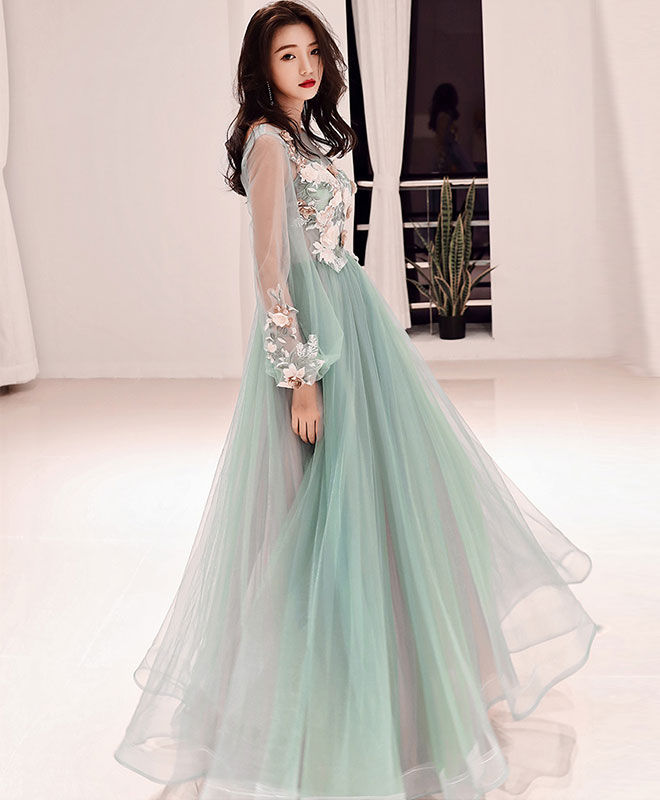 Green Tulle Lace Applique Long Prom Dress, Green Evening Dress