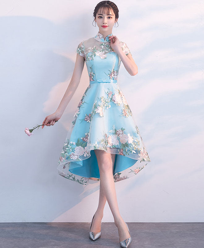 A-Line Blue Tulle Embroidery Short Prom Dress, Blue Evening Dress