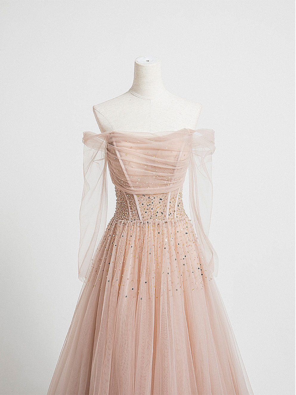 Champagne Pink Tulle Beads Long Prom Dress Champagne Evening Dress