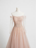 Champagne Pink Tulle Beads Long Prom Dress Champagne Evening Dress
