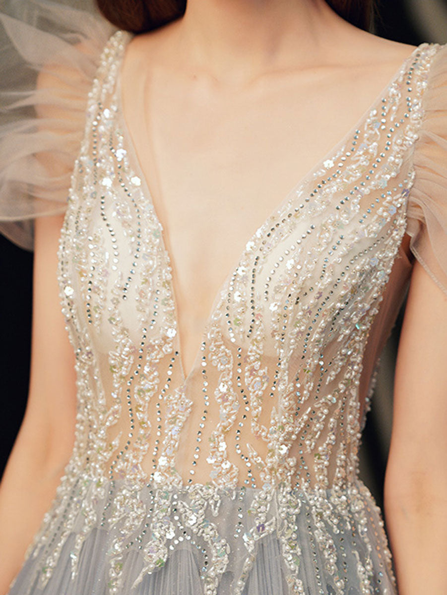 Gray Blue V Neck Tulle Sequin Long Prom Dress, Gray Blue Evening Dress