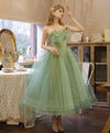 Aline Tulle Tea Length Green Prom Dress, Green Puffy Homecoming Dresses with Lace Applique Beading