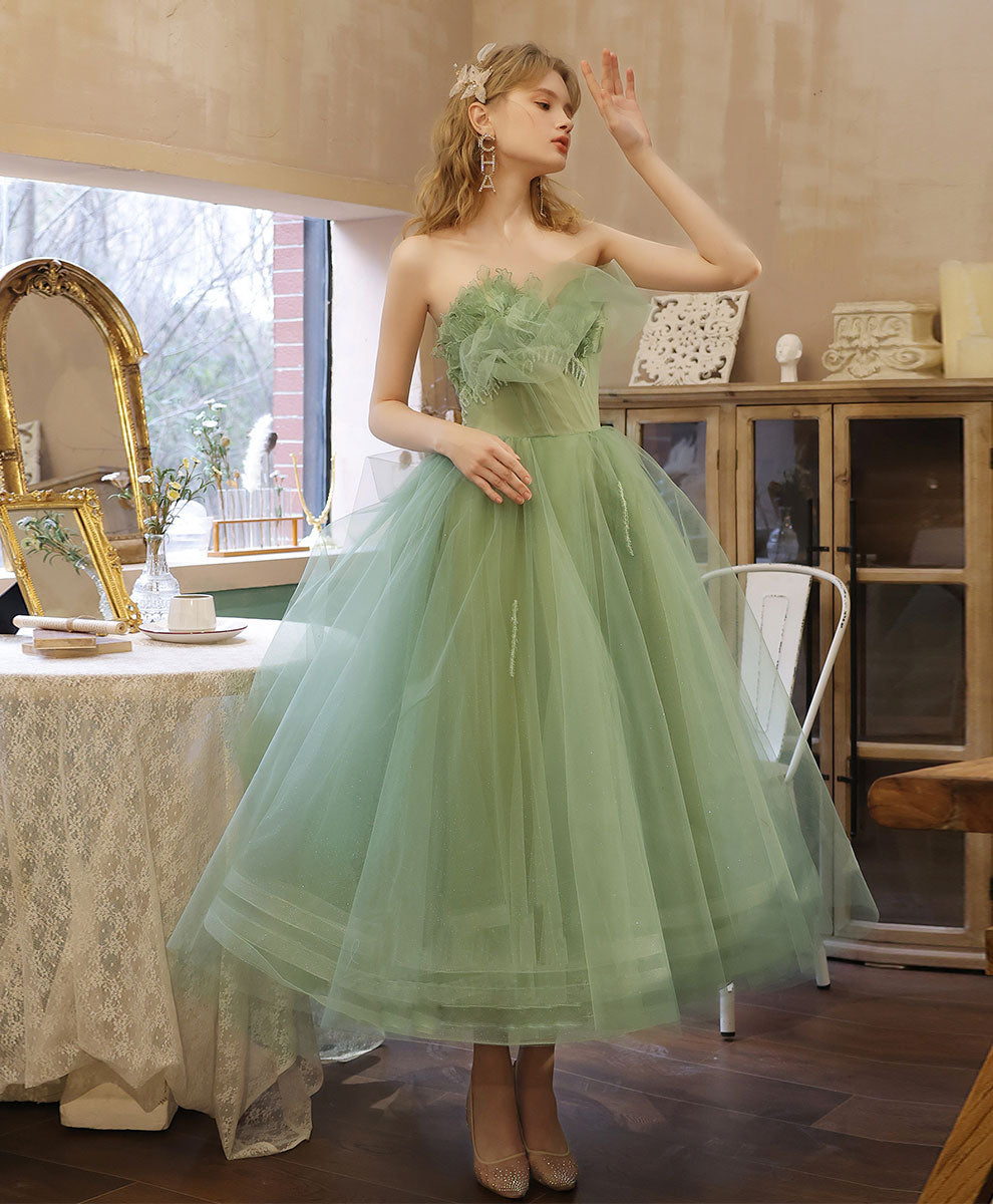 Aline Tulle Tea Length Green Prom Dress, Green Puffy Homecoming Dresses with Lace Applique Beading US 8 / Custom Color