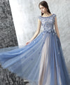 Blue Lace Applique Beads Tulle Long Prom Dress, Lace Evening Dress