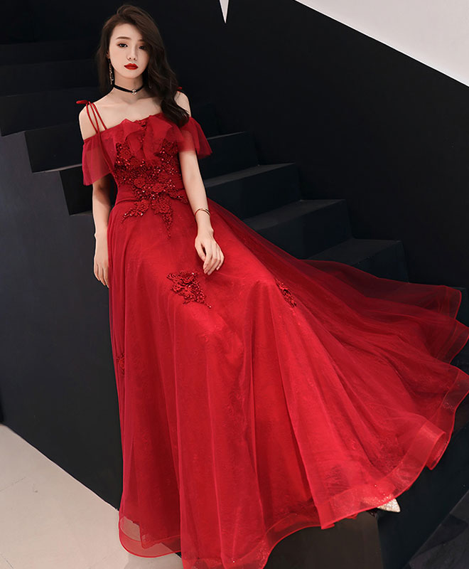 Red Tulle Lace Long Prom Dress Red Lace Formal Party Dress