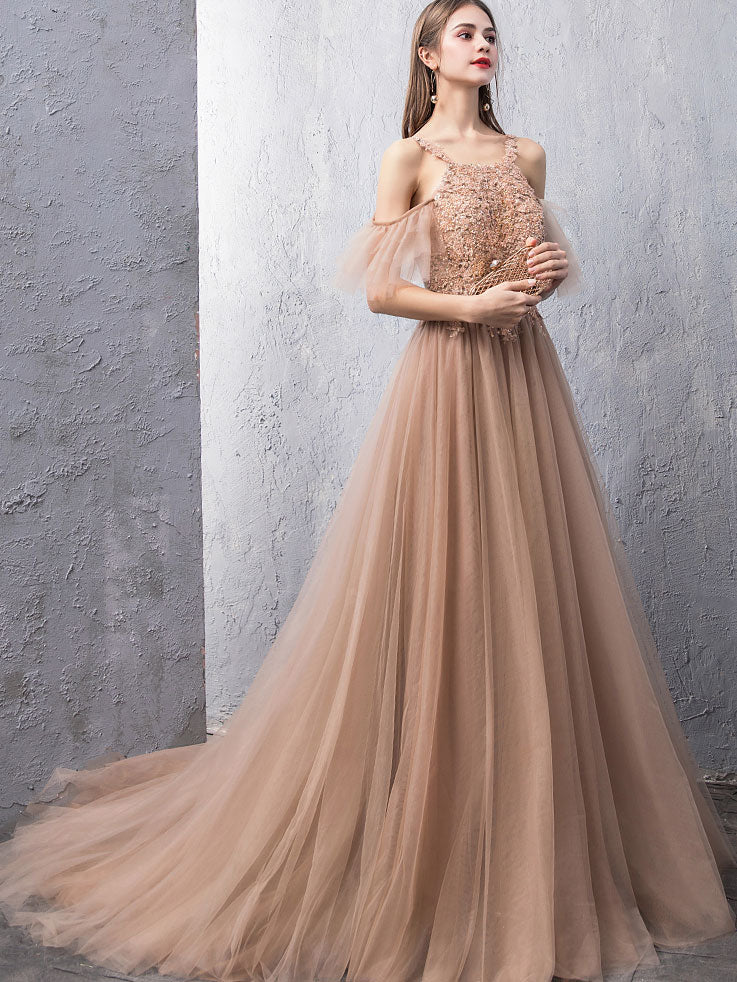 Champagne Tulle Lace Long Prom Dress, Champagne Lace Evening Dress