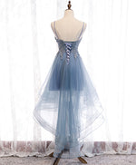 Blue Sweetheart Tulle Lace High Low Prom Dress, Blue Homecoming Dress