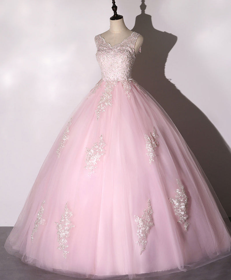 Pink V Neck Tulle Lace Long Prom Dress Pink Tulle Formal Sweet 16 Dress