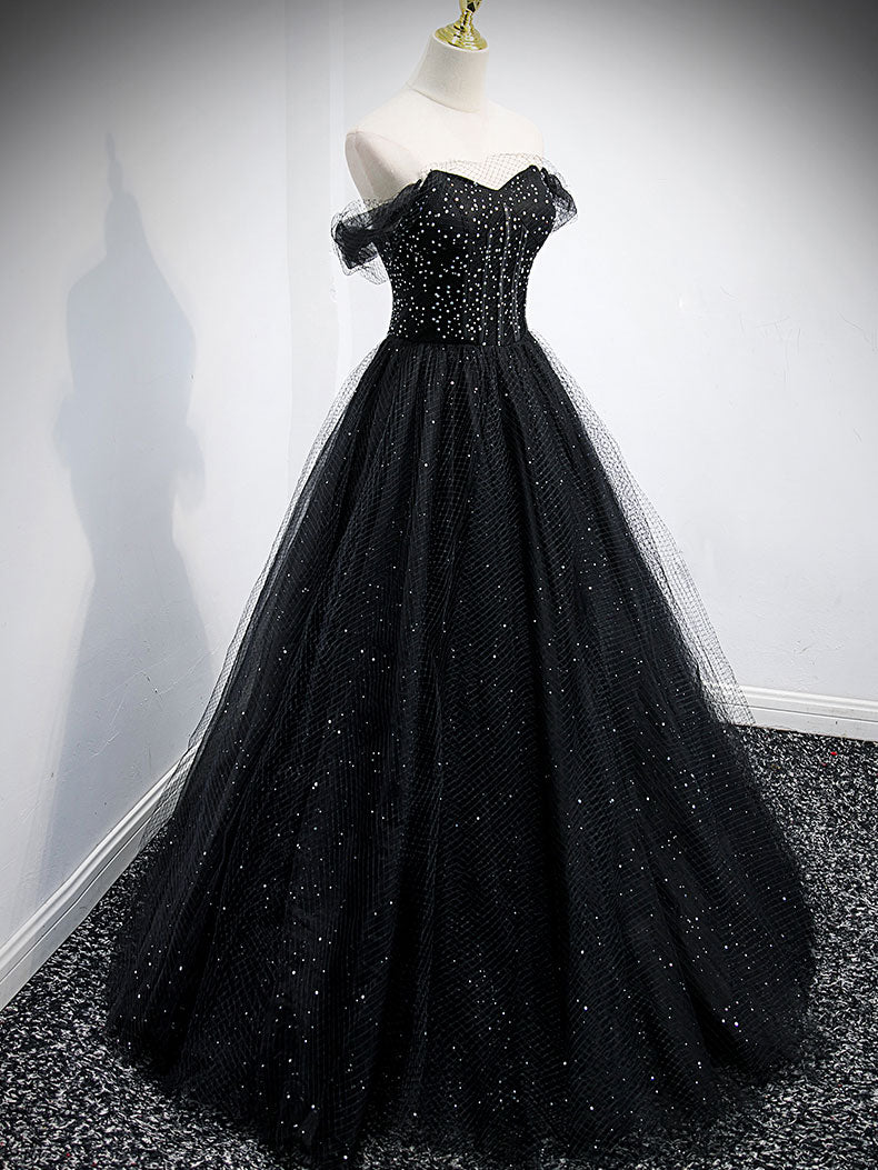 Black Sweetheart Off Shoulder Tulle Long Prom Dress, Black Evening Dress US 16 / Custom Color