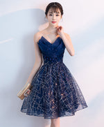 Dark Blue V Neck Tulle Sequin Short Prom Dress, Blue Homecoming Dress
