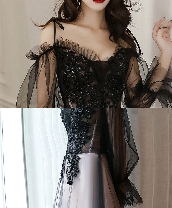 Black Tulle A Line Lace Long Prom Dress Tulle Lace Formal Dress