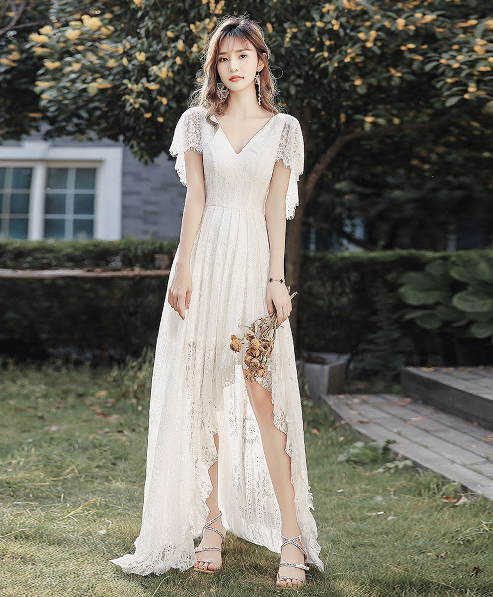 White V Neck Lace High Low Prom Dress White Lace Formal Dress