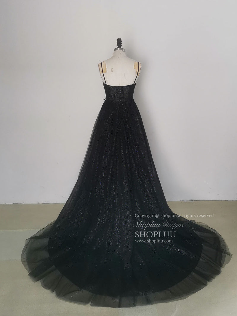 Black A line Sweetheart Tulle Sequin Long Prom Dress, Black Graduation ...