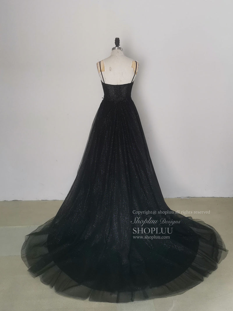 Black A line Sweetheart Tulle Sequin Long Prom Dress, Black Graduation shopluu Black A line Sweetheart Tulle Sequin Long Prom Dress, Black Graduation shopluu