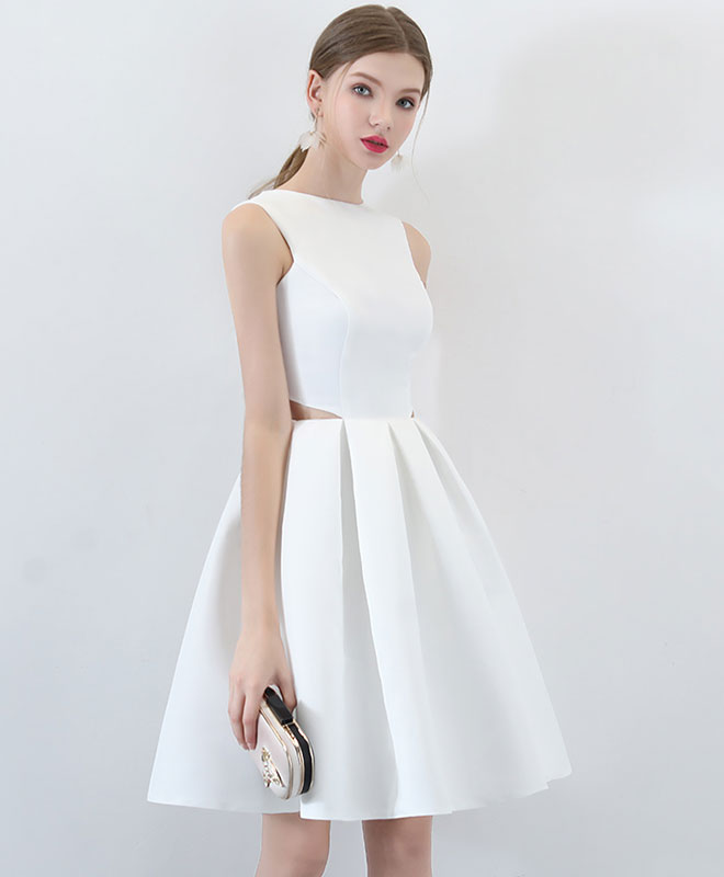 Simple White Satin Short Prom Dress, White Homecoming Dress