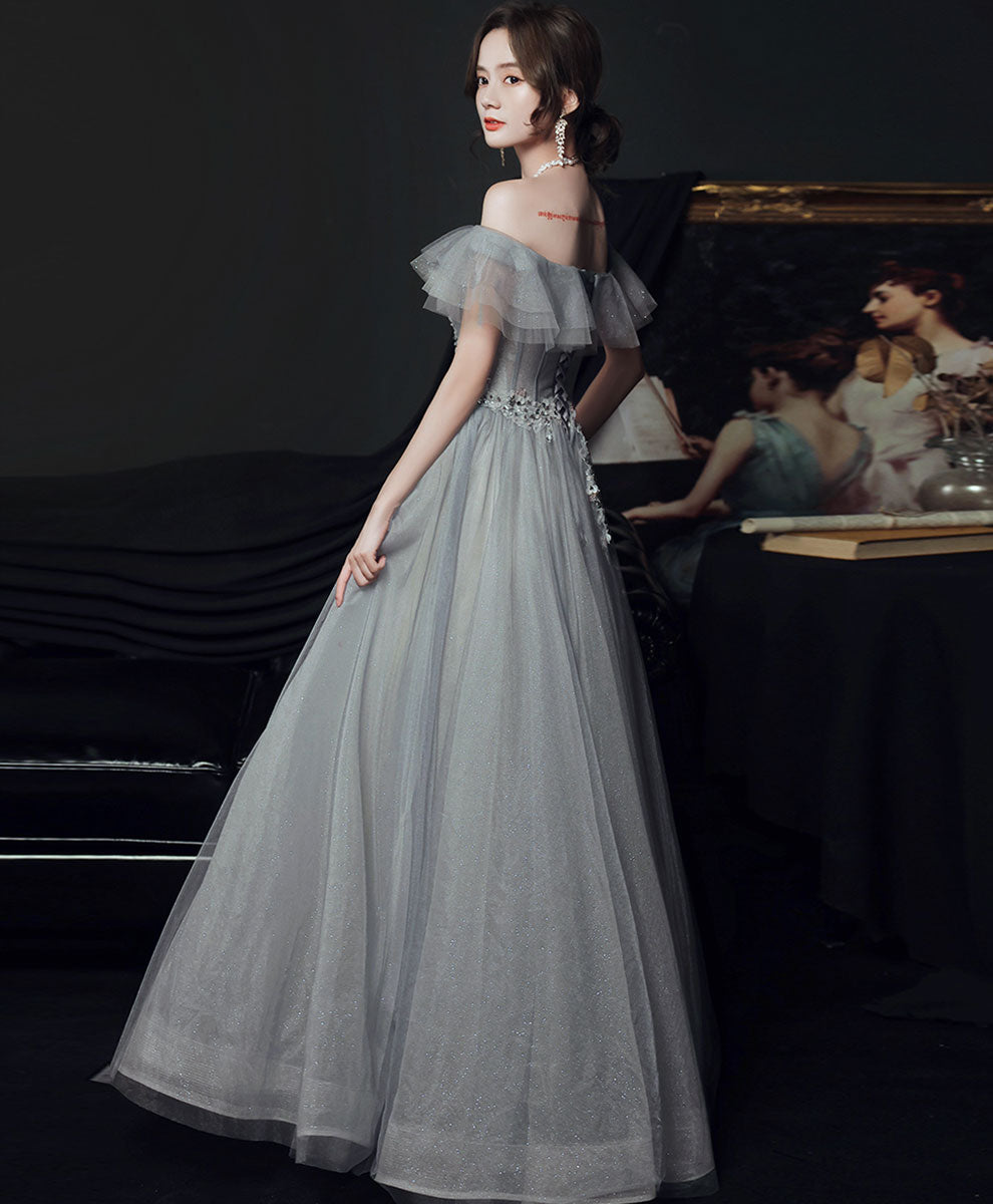 grey tutu dress long Gray sweetheart neck tulle long prom dress, gray tulle formal dress dresstby
