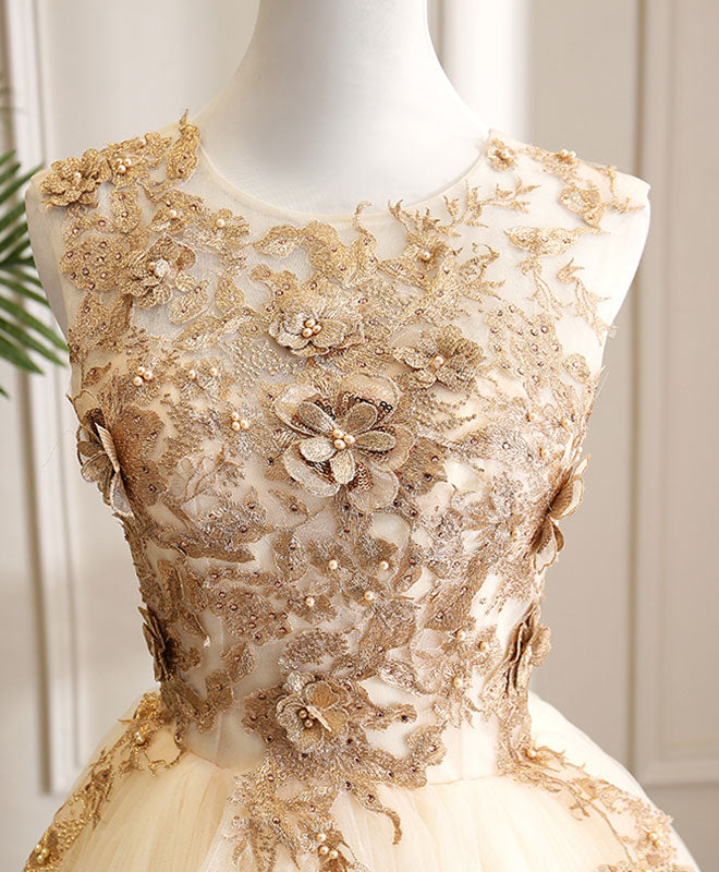 Champagne Tulle Lace Long Prom Dress Champagne Evening Dress