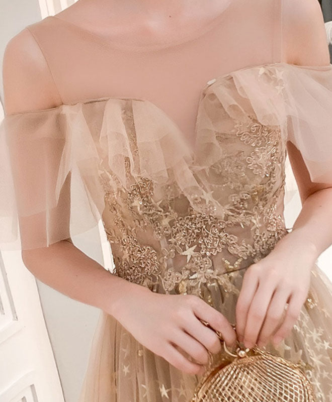 Champagne Round Neck Tulle Lace Long Prom Dress Tulle Evening Dress