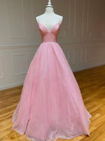 Pink V Neck Long Prom Dress, Pink A-line Sequin Tulle Evening Dress