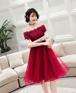 Burgundy Lace Off Shoulder Short Prom Dress, Burgundy Homecoming Dress