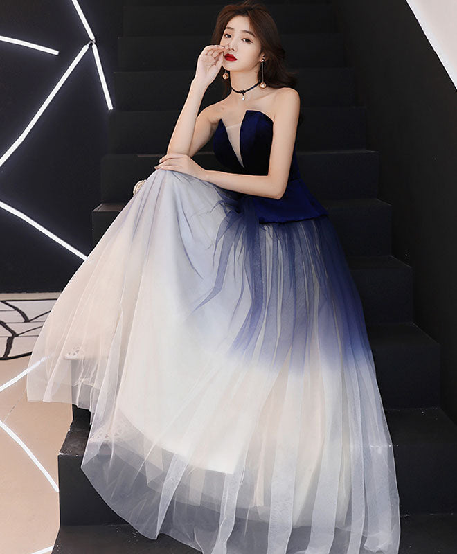 A-Line Tulle Dark Blue Long Prom Dress, Tulle Evening Dress