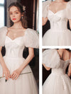 White Tulle Puffy Sleeves Long Prom Dress, White Tulle Sweet 16 Dresses