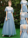 Simple A line Lace Blue Long Prom Dresses, Blue Lace Bridesmaid Dresses