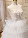 Ball-Gown/Princess Tulle White Long Prom Dresses With Beading Flower Cascading Ruffles