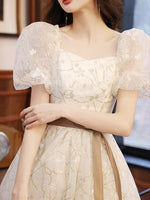 White A-line Lace Tulle Beige Short Prom Dress, Beige Homecoming Dress