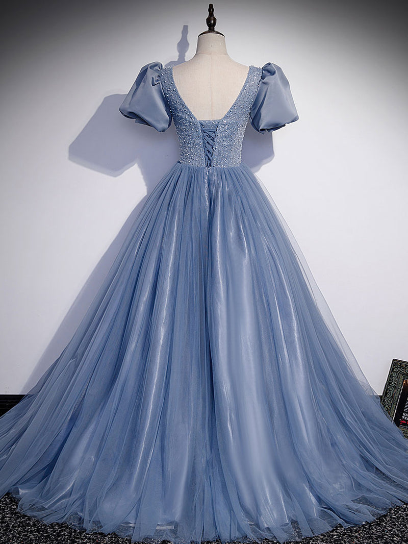 Blue Round Neck Tulle Sequin Beads Long Prom Dress, Blue Evening Dress