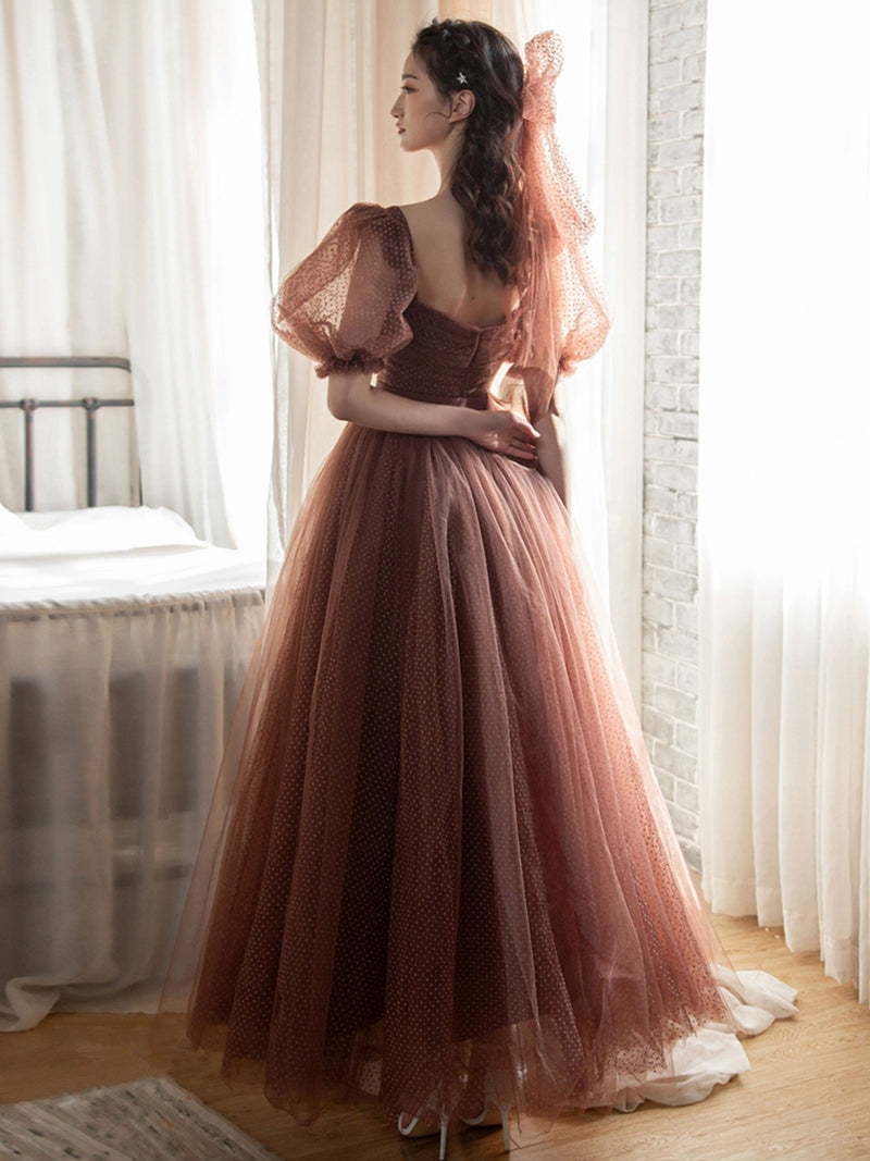Elegant Retro Brown Tea Length Tulle Prom Dress, Puffy Homecoming