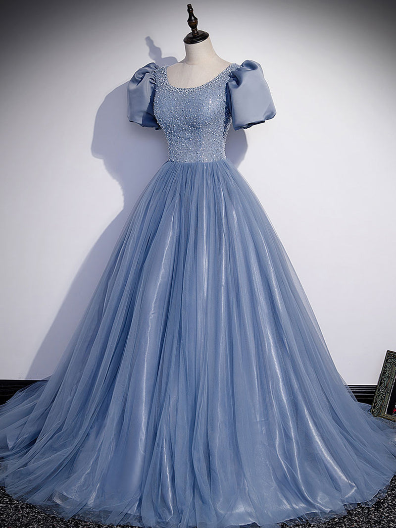 Blue Round Neck Tulle Sequin Beads Long Prom Dress, Blue Evening Dress ...
