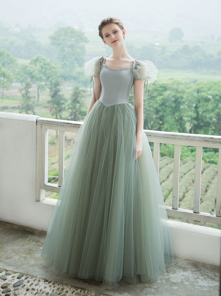 Simple Green Tulle Long Prom Dress, Green Tulle Evening Dress