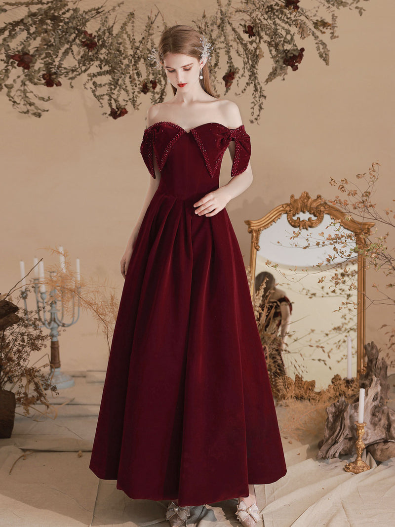 Dark Red Long Sleeve Prom Dress Beaded Velvet Evening Dress FD2608 –  Viniodress
