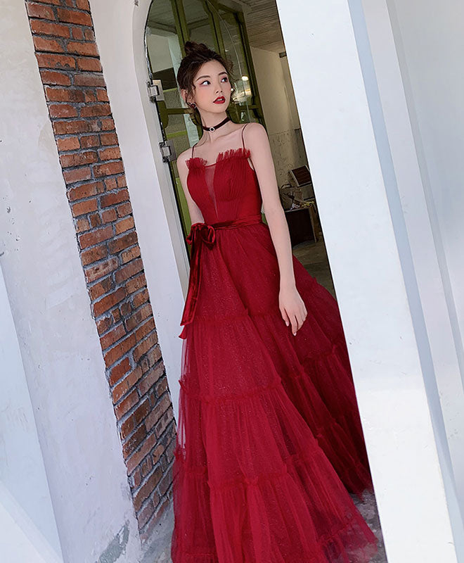 Burgundy A-Line Tulle Long Prom Dress Burgundy Tulle Formal Dress
