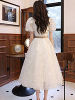 White A-line Lace Tulle Beige Short Prom Dress, Beige Homecoming Dress