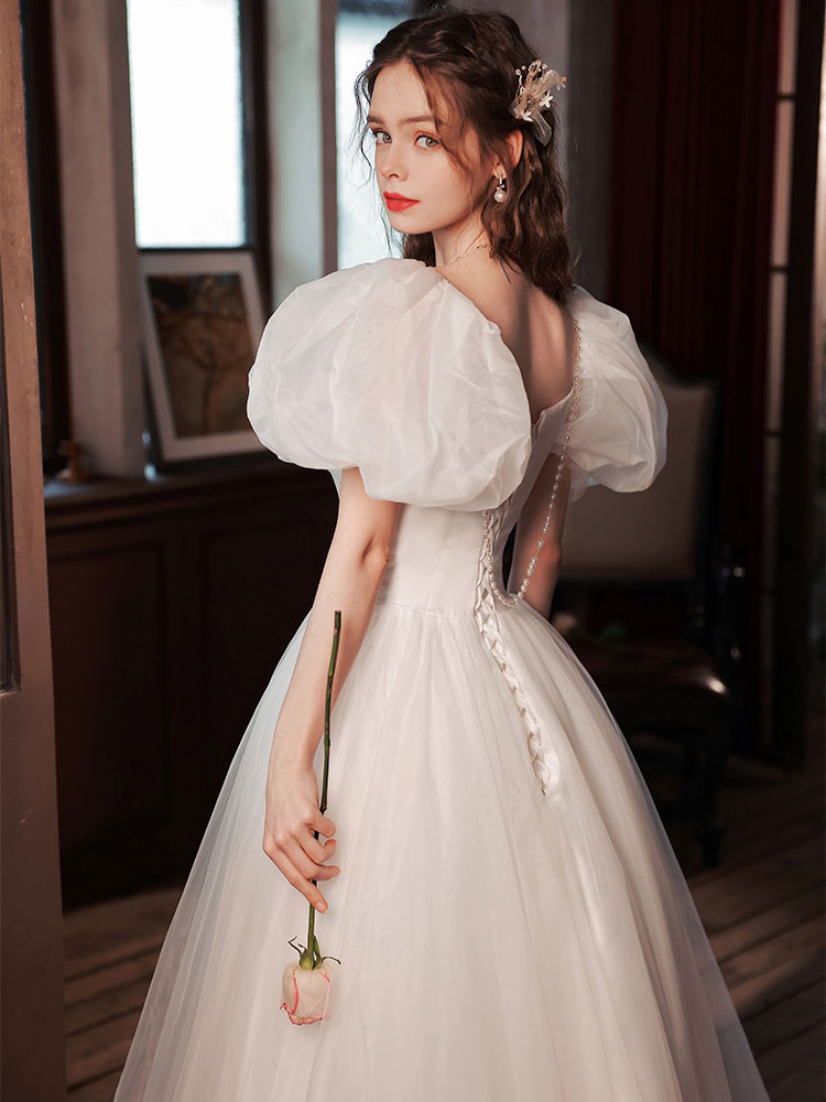 White Tulle Puffy Sleeves Long Prom Dress, White Tulle Sweet 16 Dresses US 6 / Custom Color White Tulle Puffy Sleeves Long Prom Dress, White Tulle Sweet 16 Dresses US 6 / Custom Color