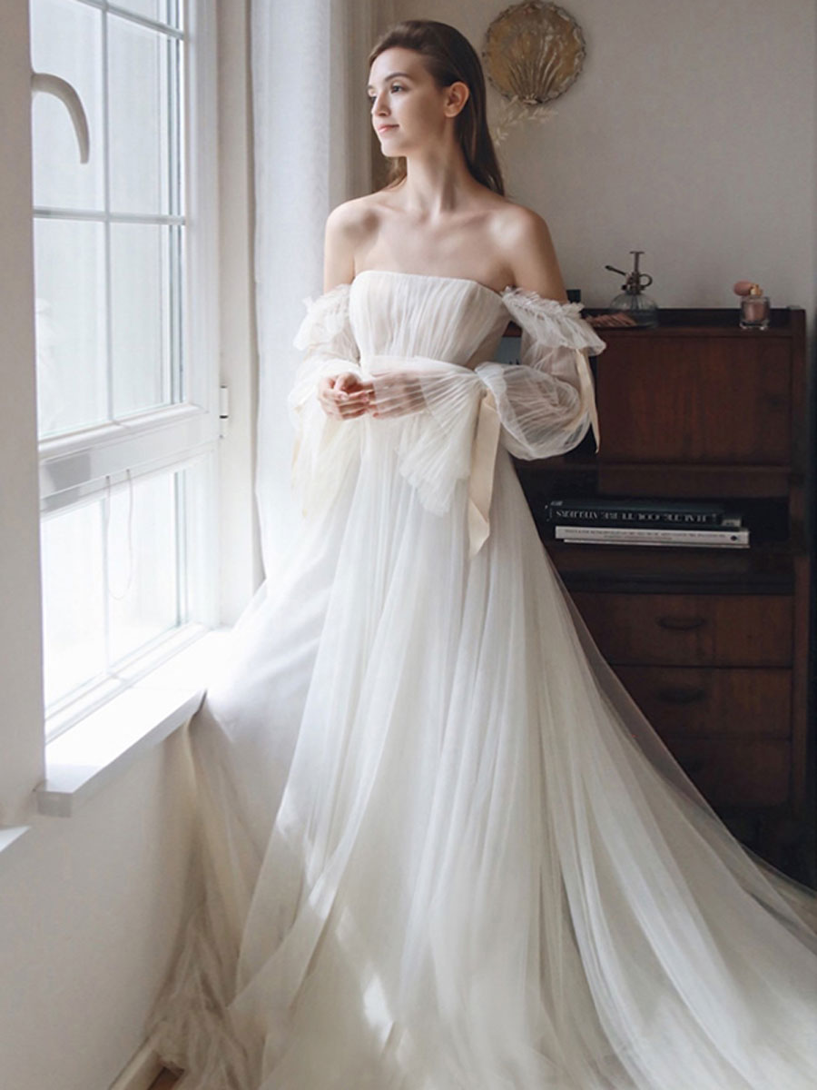 White Tulle A line Long Prom Dress, White Formal Dresses
