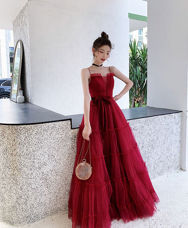 Burgundy A-Line Tulle Long Prom Dress Burgundy Tulle Formal Dress – shopluu
